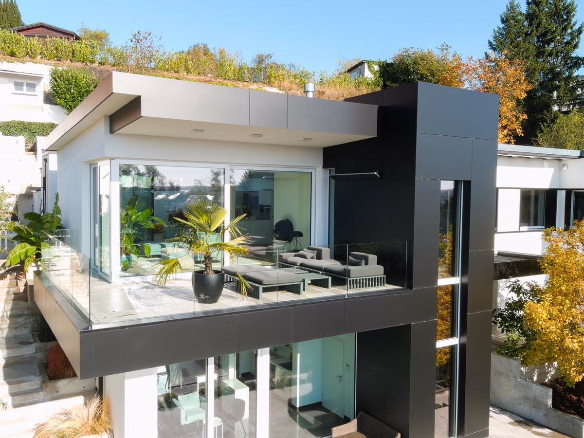 Stock photo of a glass balcony railing, for illustration only.