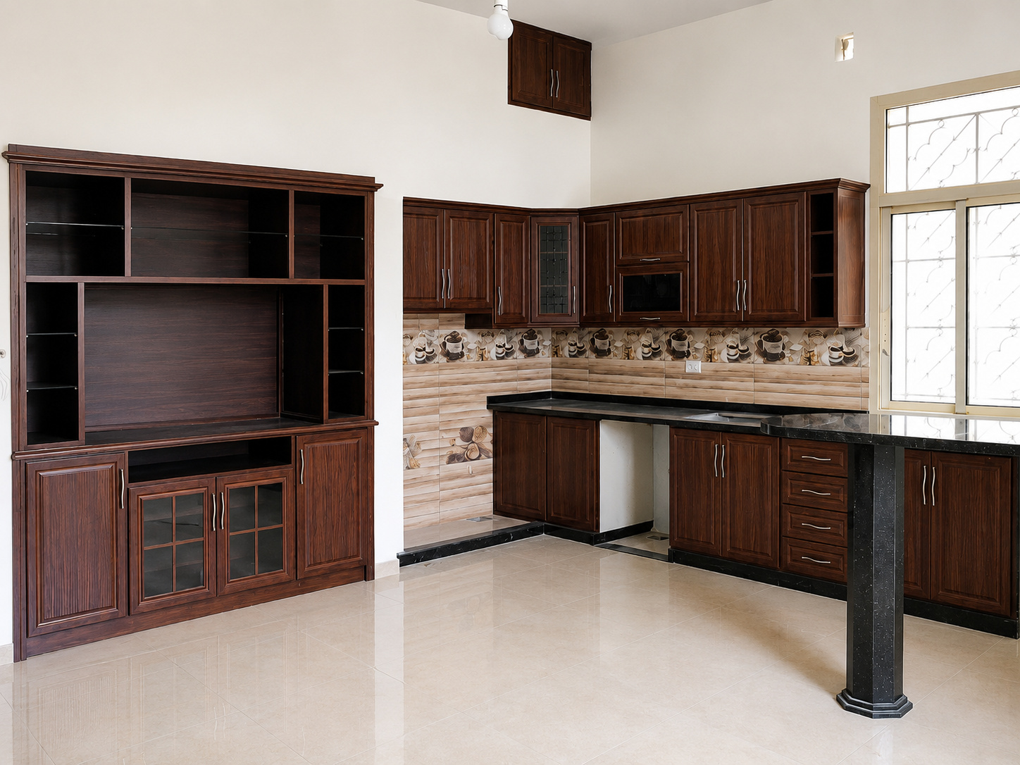 Kitchen cabinetry with aluminum-framed units.