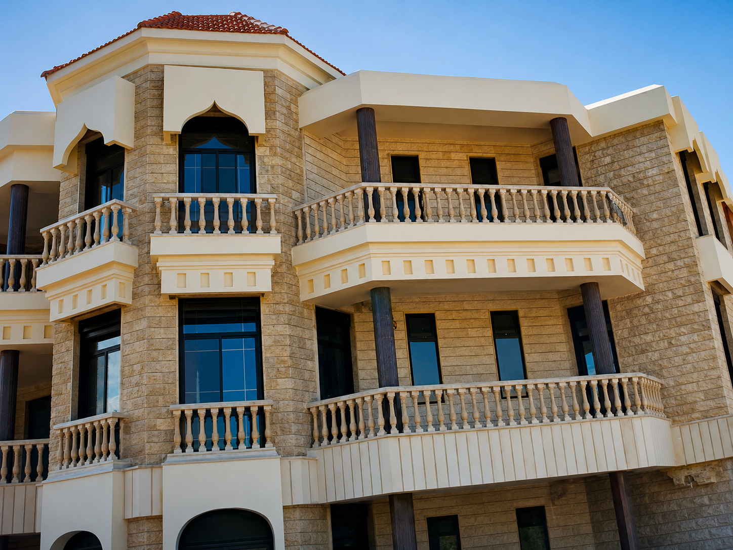 Aluminum window and railing installation on a villa exterior.